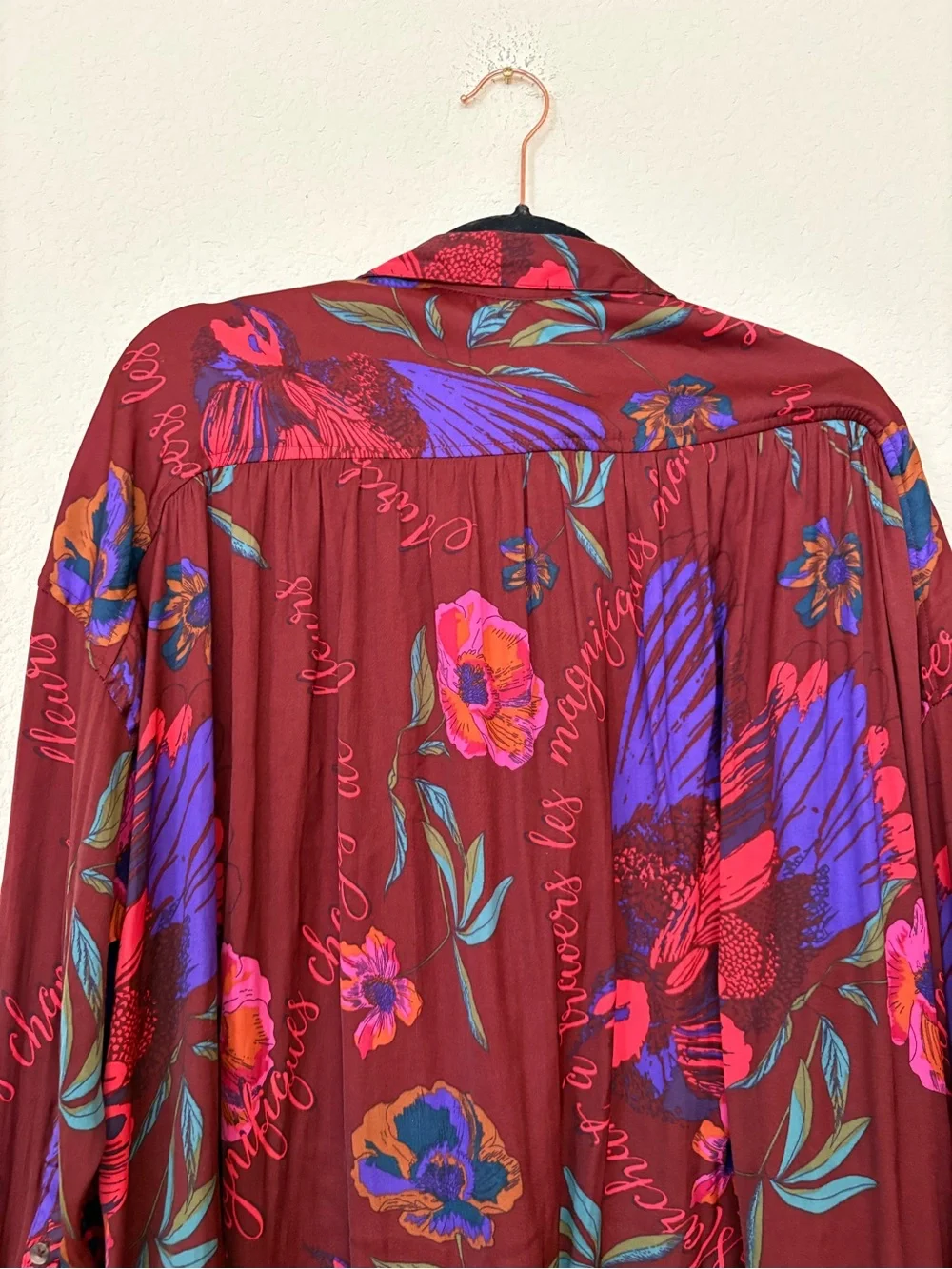 Free People Silky Night Burgundy Blue Floral Print Oversized Button-Down Shirt M